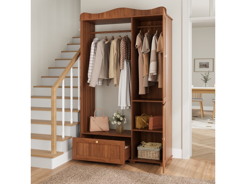 Armoire avec 2 portes, miroir intégral, penderie ouverte et tiroirs pour chambre en mdf noyer 115,5×38,5×194,5 cm - Conforama C