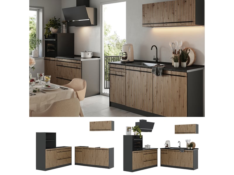  Vicco cuisine, chêne artisananthracite, 160cm plan de travail chêne doré  - Conforama D