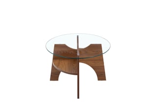 Table basse ovale avec plateau en verre de sécurité et tablette de rangement, supports en mdf finition noyer pour salon