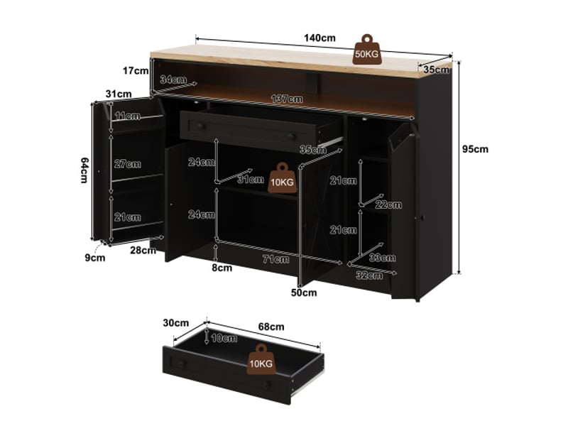  Buffet bas 140x35x95 cm avec éclairage led, tiroir et 4 portes battantes en mdf couleur noir, design moderne  - Conforama C