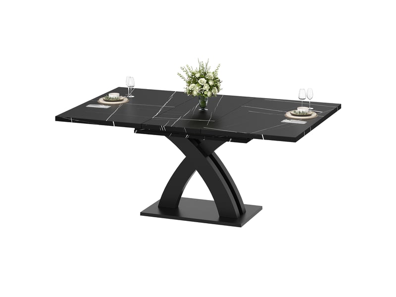  Table à manger rectangulaire extensible 120-160 x 80 cm, plateau mdf noir à motifs, piètement en x, rallonge intégrée, jusqu’à 6 places  - Conforama A