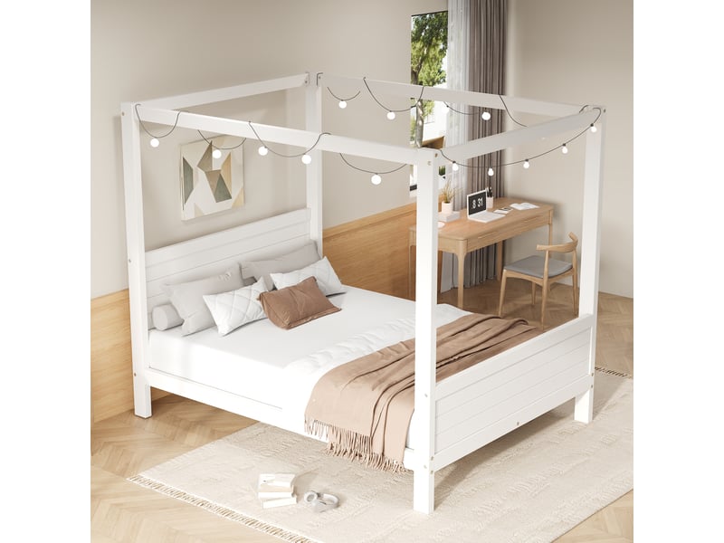  Lit cabane double 140 x 200 cm en bois et mdf blanc avec structure personnalisable, tête de lit surélevée et rangement sous le lit sans matelas  - Conforama C