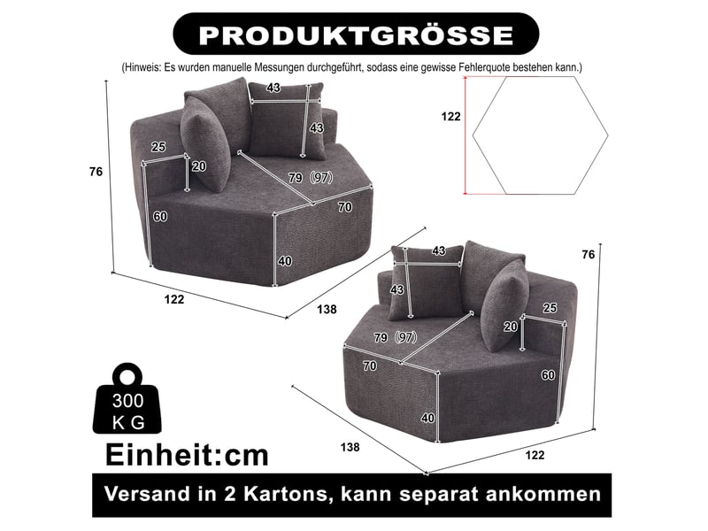  Fauteuils modulables compressés et hexagonaux souples lot de 2, assise de 2 places, en tissu chenille, couleur gris  - Conforama C