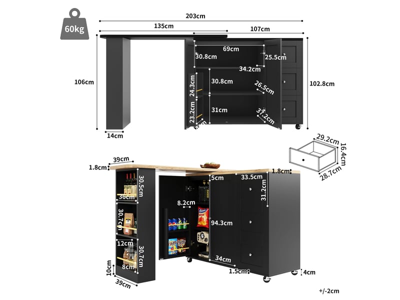  Îlot de cuisine pivotant à 360° sur roulettes, 3 tiroirs, mdf noir, 203 cm  - Conforama C