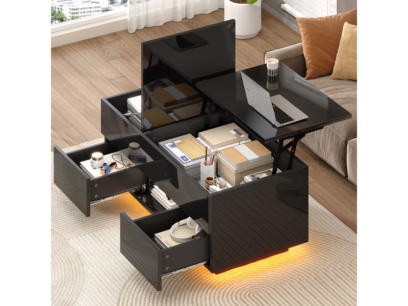  Table basse 100x50x40, plateau relevable brillant noir, table basse salon avec 2 tiroirs, led intégrées  - Conforama A