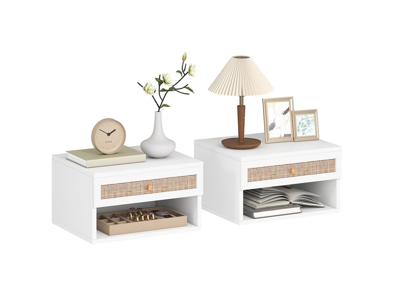 Table de chevet suspendue avec tiroir en rotin et étagère ouverte pour chambre à coucher 40x34x23cm blanc  - Conforama A