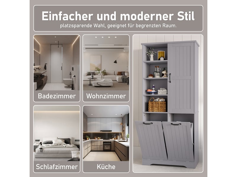  Colonne de salle de bain grise en mdf 78 × 35 × 172,7 cm, double panier à linge, étagères réglables et rangements  - Conforama E