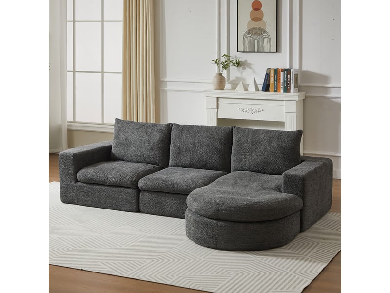  Canapé d'angle modulaire en tissu chenille avec élément courbe et chaise longue, mousse compressée, sans montage  - Conforama D