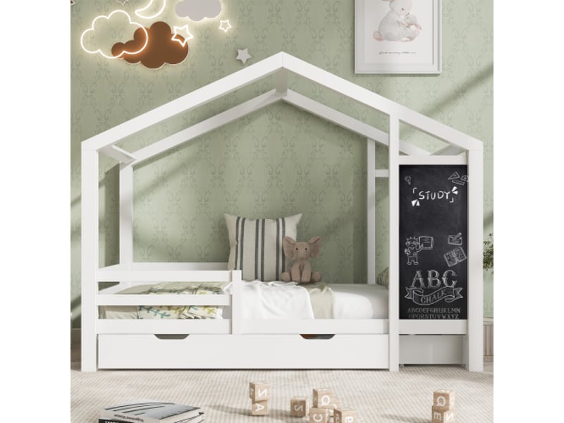  Lit d'enfant 90 x 200 cm en bois avec tableau et 2 tiroirs, bois massif avec barrière et sommier, blanc (sans matelas)  - Conforama B