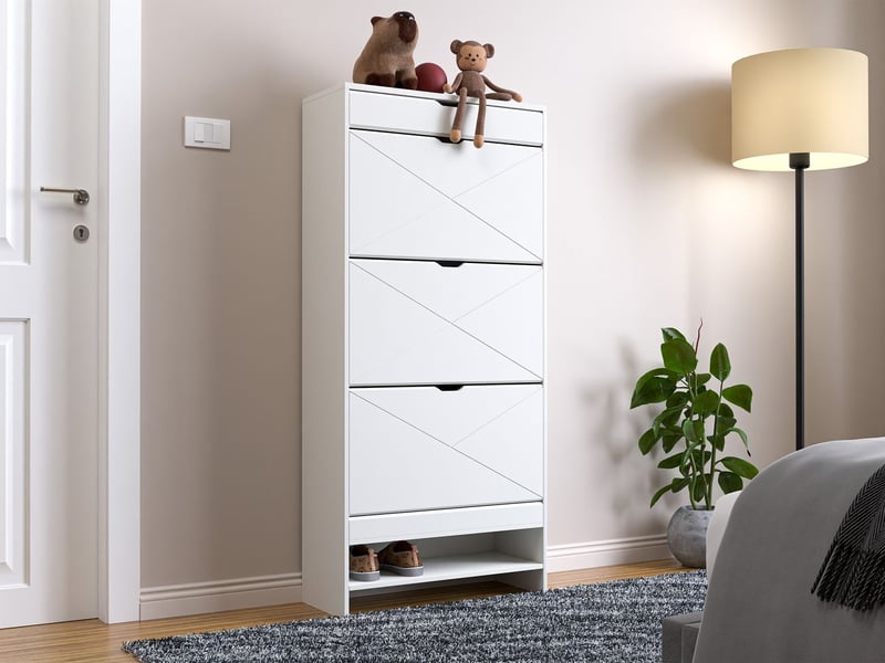  Meuble à chaussures 3 tiroirs plateau supérieur coulissant 2 niveaux blanc structure en bois  - Conforama B