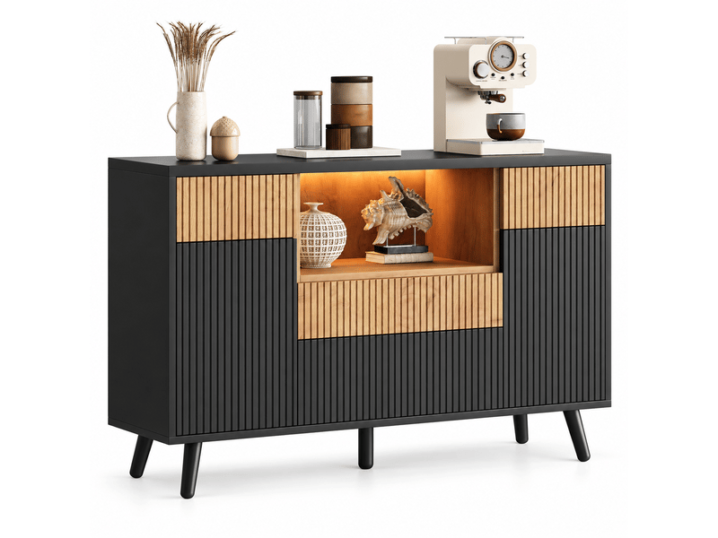  Buffet bas 130x38x85 cm avec 4 tiroirs, led rgb, rangements de porte, étagères réglables, façades rainurées, mdf effet bois naturel et noir  - Conforama A