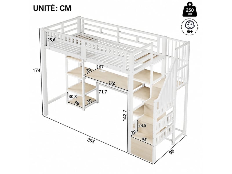 Lit mezzanine 90 x 200 cm avec bureau intégré et rangement, structure en métal et mdf, led et ports usb - Conforama C