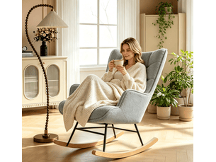 Kefsr fauteuil à bascule teddy gris clair avec dossier carreauté, rocking chair moderne en polaire douce, structure métal robuste et patins bois, fauteuil relax pour salon chambre lecture, 75x68x92cm