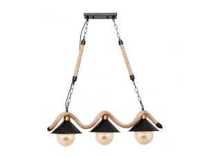 Suspension rustique vintage ABRILA Cabo 3 lumières E27 noire, corde de chanvre et métal, hauteur réglable 56-89 cm, 72 x 18 cm