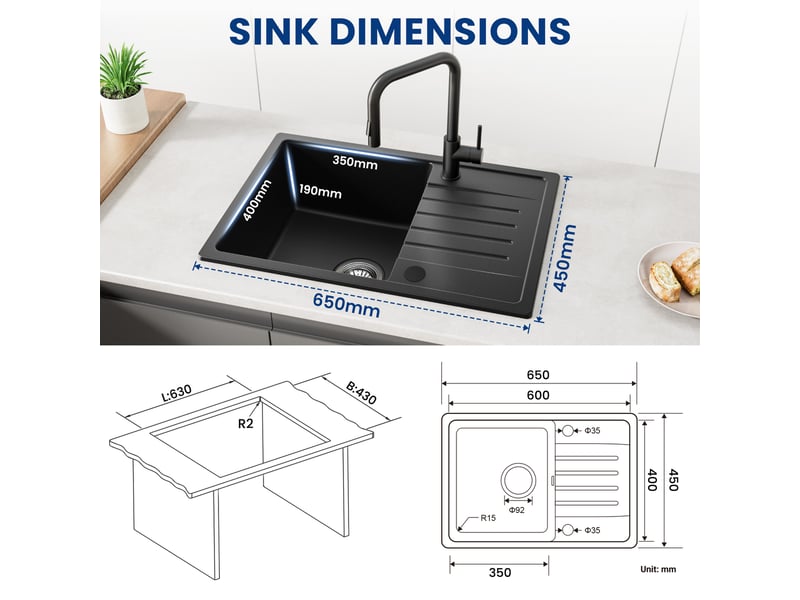  Cecipa max évier de cuisine - 65×45 cm - 2 trous de robinet - granit - évier simple - avec égouttoir pour découpe et décongélation - siphon et crépine inclus  - Conforama B