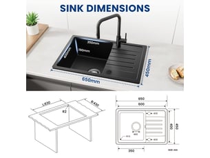 Cecipa max évier de cuisine - 65×45 cm - 2 trous de robinet - granit - évier simple - avec égouttoir pour découpe et décongélation - siphon et crépine inclus