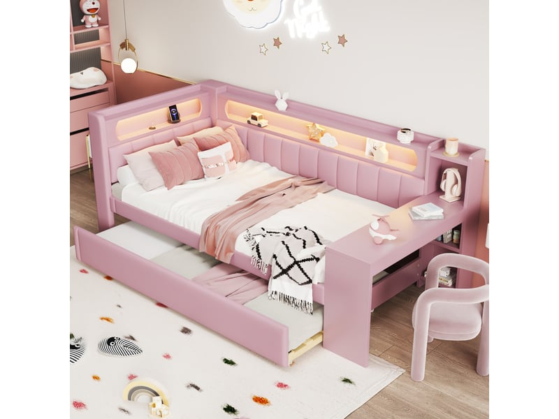 Lit tiroir gigogne 90x200 cm avec bureau, led 7 couleurs, ports usb, tissu lin rose, sans matelas - Conforama B