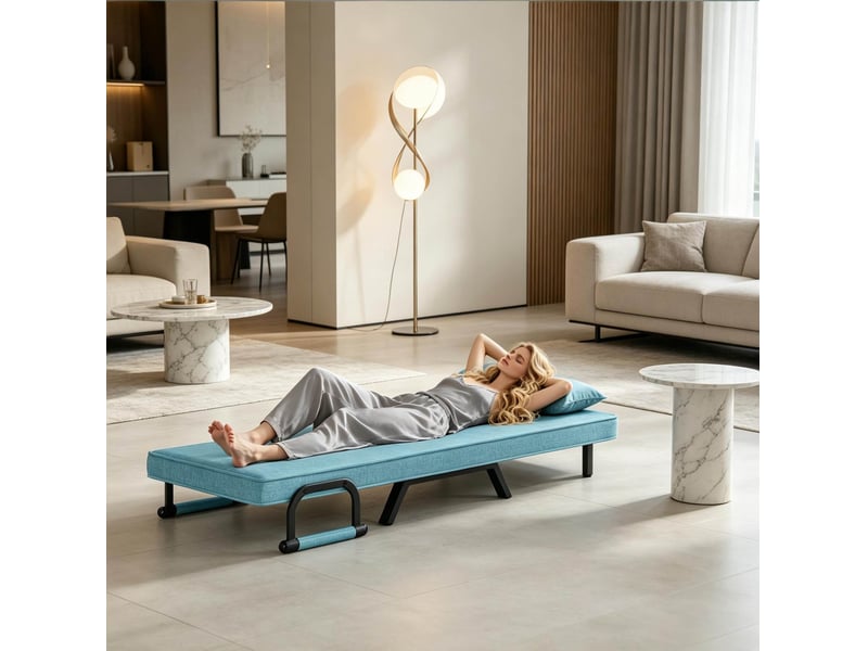 Fauteuil convertible avec dossier réglable à 5 positions et coussin amovible, en lin et métal bleu - Conforama C