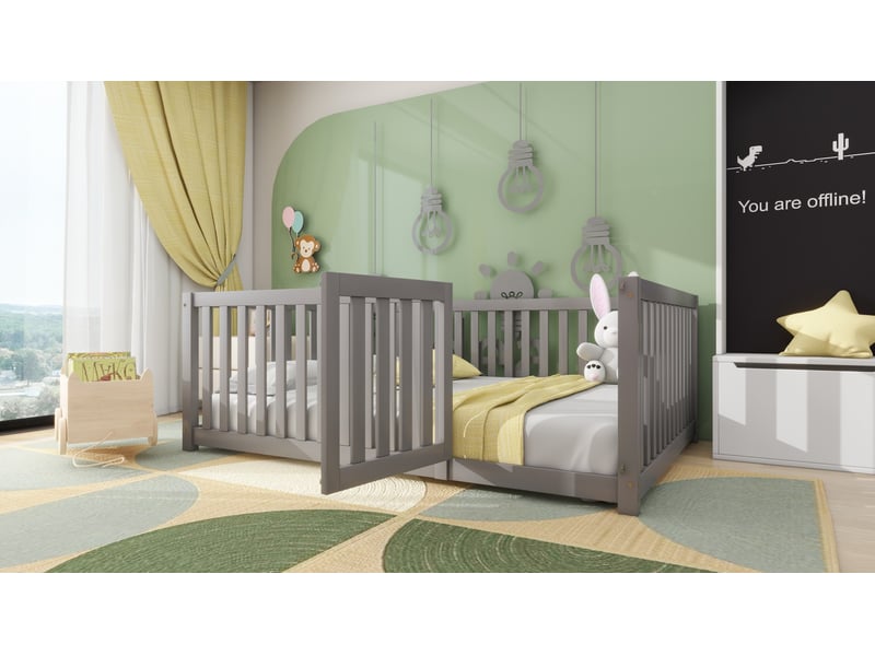 Lit au sol enfant 140x200cm, lit bas sans lattes, barrière, porte ludique, pin, design épuré, gris sans matelas  - Conforama B