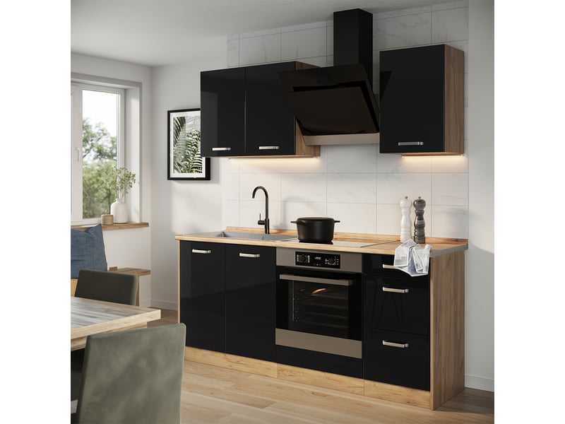 Vicco cuisine, noir haute brillancechêne doré, 180cm plan de travail chêne doré  - Conforama C