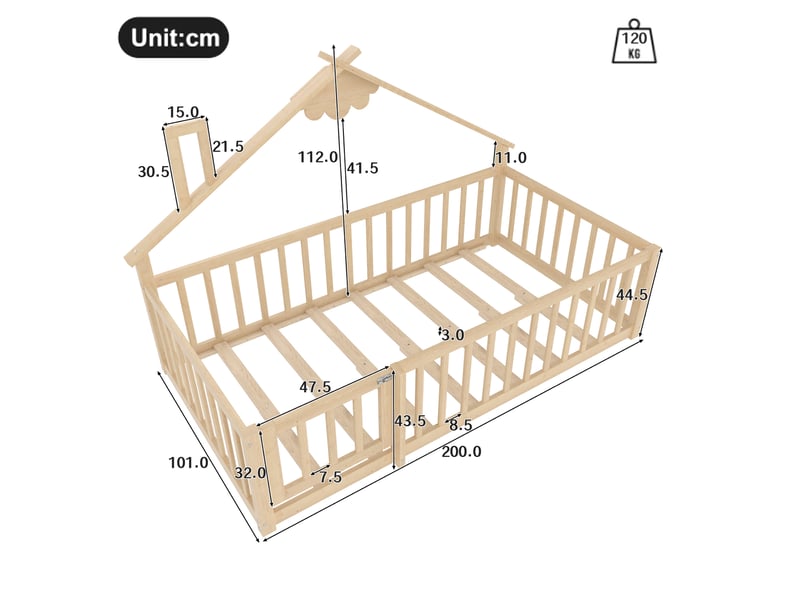  Lit cabane enfant ulevr 90x190 cm avec barrière de sécurité et serrure, structure maison, bois de pin et mdf, naturel  - Conforama C