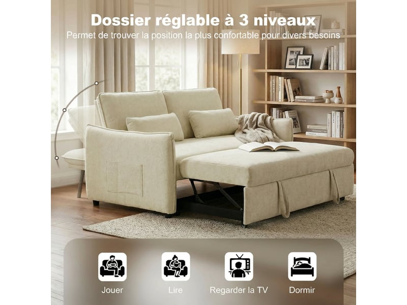  Canapé convertible 2 places 3 en 1, canapé-lit clic clac en chenille avec dossier réglable, beige, porte-gobelets  - Conforama E