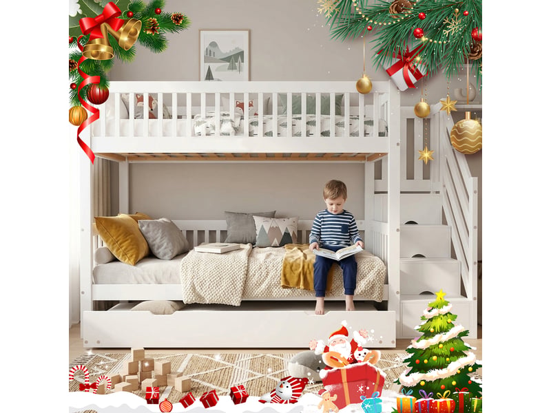 Lit superposé 90 x 200 cm avec lit gigogne 90 x 190 cm, 3 couchages, escalier de rangement et garde-corps, bois massif et mdf - blanc OMNIGLINT TRADING LTD - Conforama B