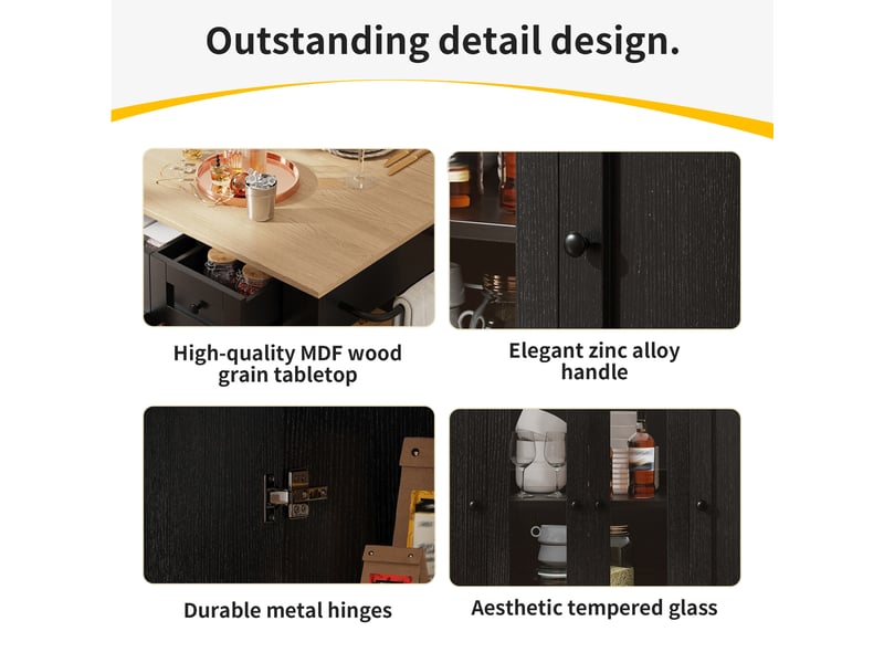 Îlot de cuisine rabattable avec rangement - lpospi - verre trempé, mdf noir et naturel 151,5 × 60 × 91,7 cm - Conforama E