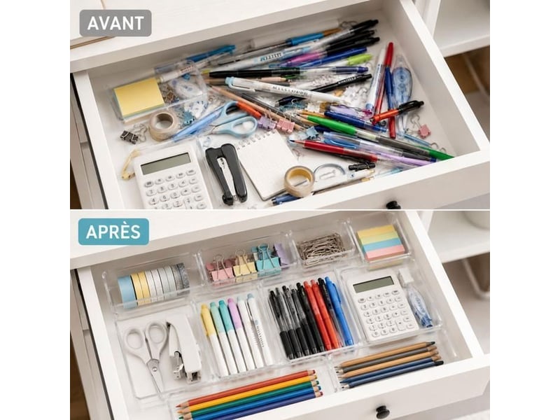 Organisateur de tiroirs lot 31 bacs modulaires empilables en plastique transparent 4 tailles - Conforama D