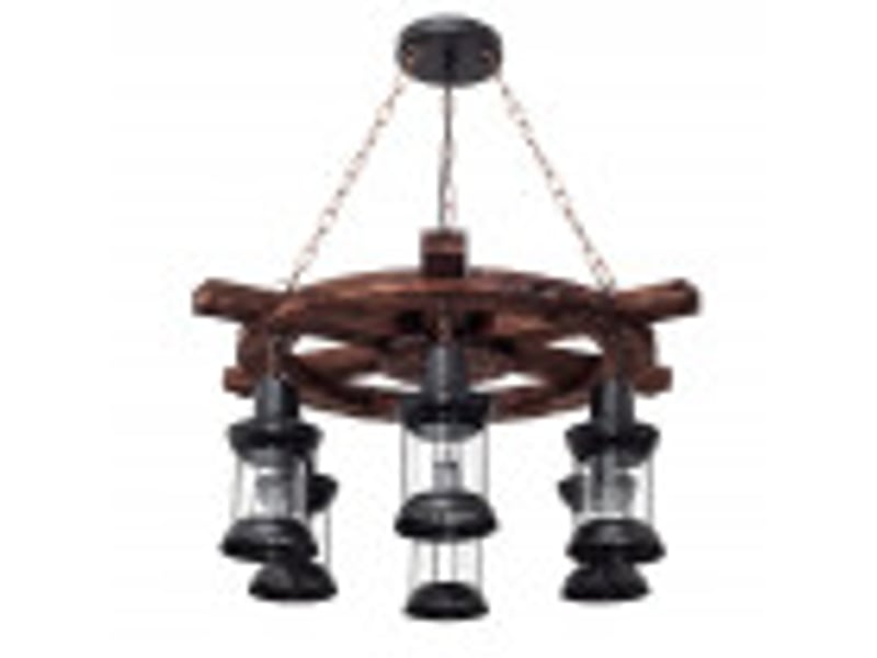  Suspension rustique ABRILA Finca Timonel 6 lumières E27 noire et marron, métal bois et verre, hauteur réglable 50-95 cm, Ø75 cm 152096009 - Conforama B