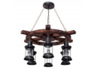 Suspension rustique ABRILA Finca Timonel 6 lumières E27 noire et marron, métal bois et verre, hauteur réglable 50-95 cm, Ø75 cm