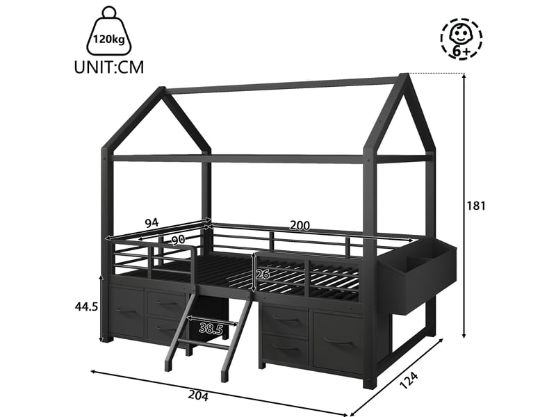  Lit mezzanine enfant 90 x 200 cm noir en métal et mdf, toit maison avec led et tiroirs de rangement  - Conforama C