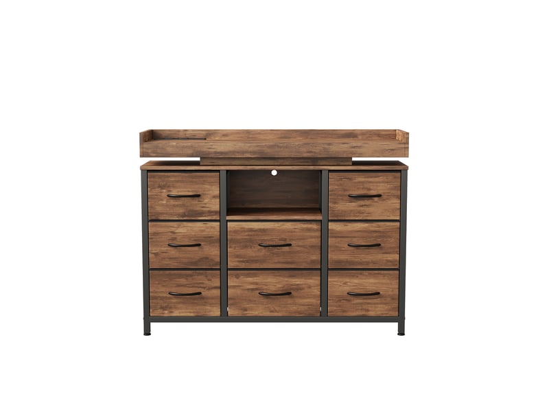  Commode 8 tiroirs rétro 108x30x82 cm, buffet, motif bois, led, port usb, en acier, bois et tissu, couleur bois foncé  - Conforama W