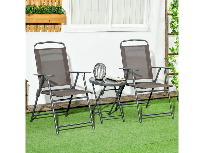  Ensemble de jardin 3 pièces comprenant 2 chaises (53,5 x 64 x 93 cm) et une table basse (ø 45 x 50 cm), en métal marron.  - Conforama D