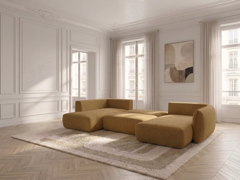 Bobochic canapé d'angle panoramique convertible esmee tissu chenille jaune angle droit ESMEE - Conforama D