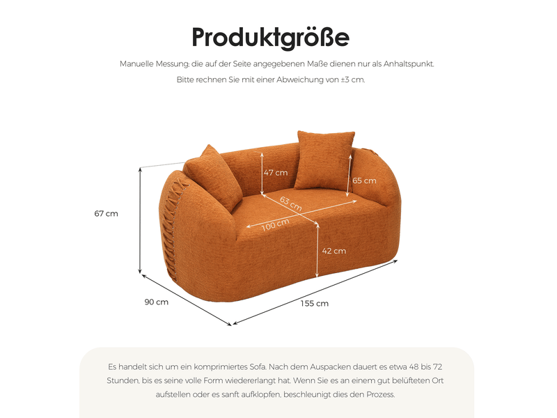  Canapé modulable 2 places 155x90 cm – orange – chenille texturée, 2 coussins inclus, sans montage nécessaire  - Conforama C