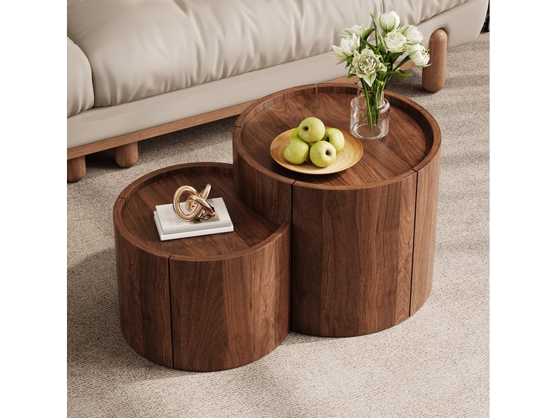  Table basse ronde avec 2 tiroirs, portes courbes et rangement en panneaux de particules noyer 77,5 × 47,5 × 40 cm  - Conforama B