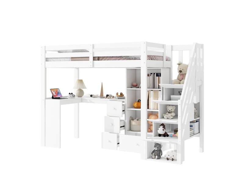  Lit mezzanine 90x200 cm avec bureau, tiroirs et rangement bois et mdf blanc sans matelas  - Conforama A