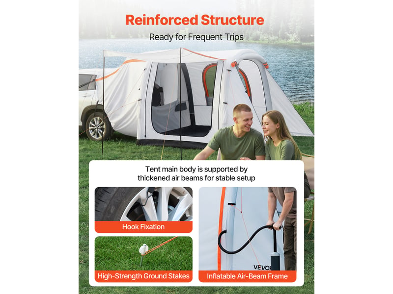  Vevor tente de hayon gonflable pour 4 a 6 personnes, tente arriere de voiture 2,44x2,04 m, pour camping randonnee suv fourgon, auvent de coffre double usage, impermeable pu2000 mm, pompe a air incluse  - Conforama C