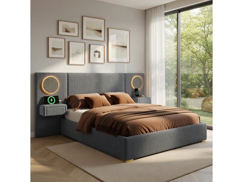  Lit pour adulte de 180 x 200 cm, avec tête de lit à led, port usb et table de chevet, en velours, gris  - Conforama B