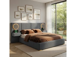 Lit pour adulte de 180 x 200 cm, avec tête de lit à led, port usb et table de chevet, en velours, gris