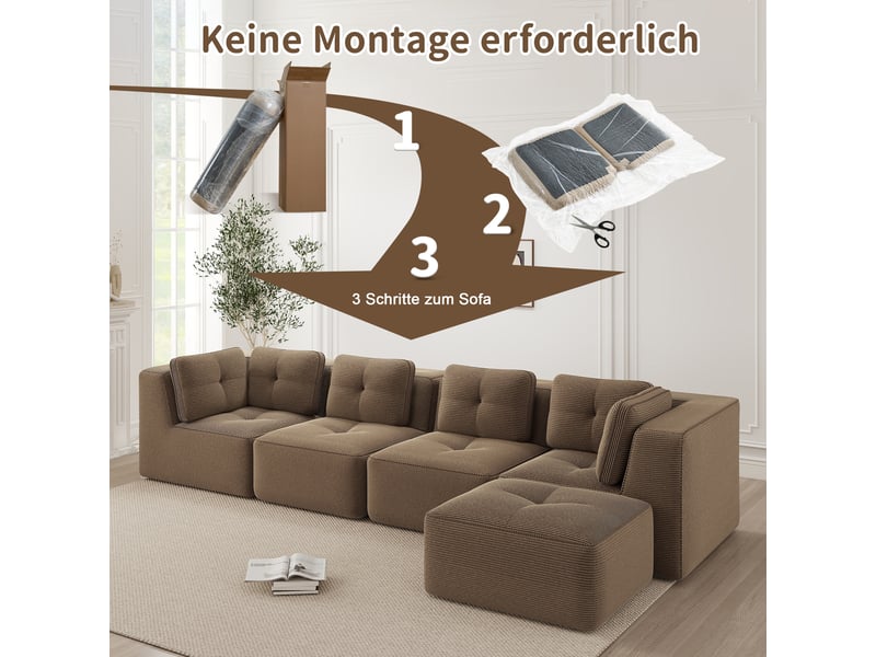  Canapé modulable, canapé 4 places – en velours tricoté, base antidérapante, assise profonde, sans montage, marron, sans cadre  - Conforama W