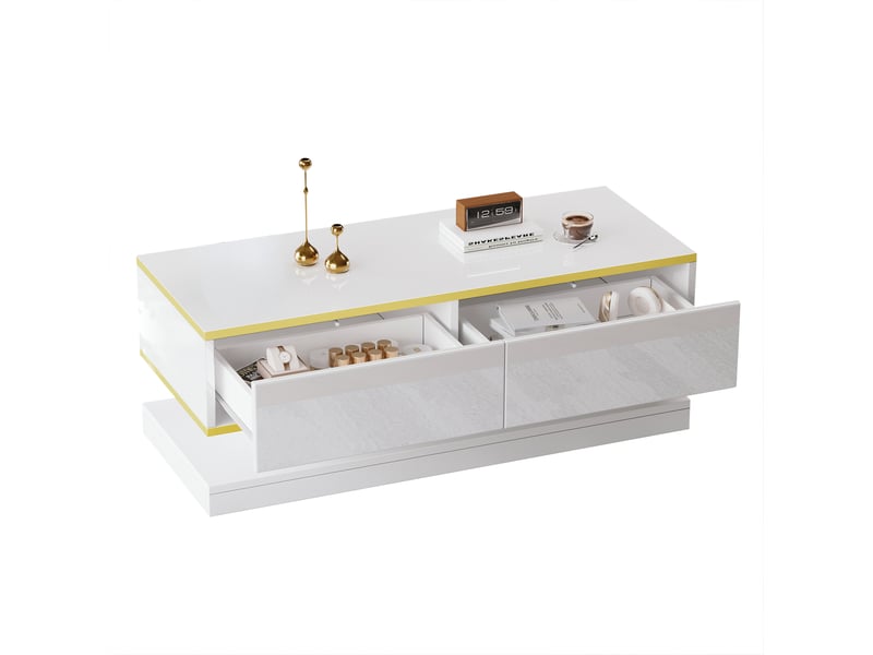  Table basse blanche et or 100x50x38 cm, table de salon brillante avec 2 tiroirs, design unique pour salon  - Conforama A