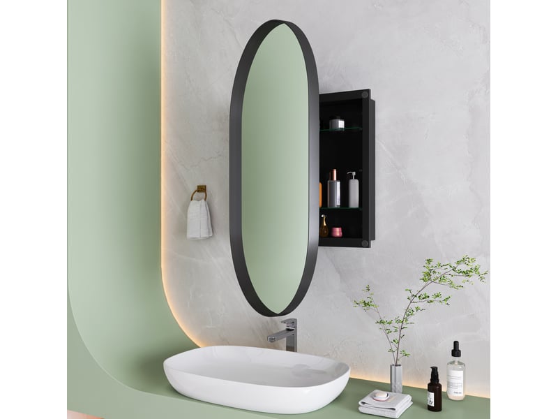  Armoire de toilette miroir ovale 85x51,5x12 cm, pose murale ou encastrée, 2 tablettes en verre, métal noir  - Conforama D