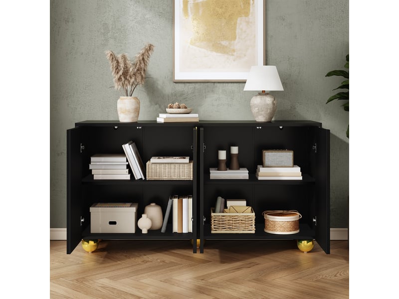 Buffet noir 4 portes motif texturé accents dorés 140x40x74cm - Conforama C