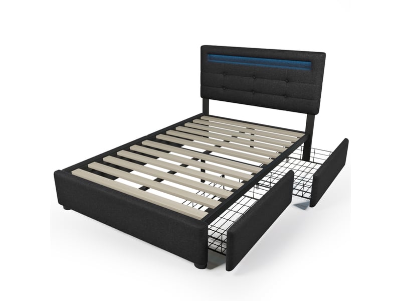  Cadre de lit, lit enfant 90x200 cm, 2 tiroirs, led, tête de lit réglable, sommier à lattes, bois noir, matelas inclus  - Conforama E