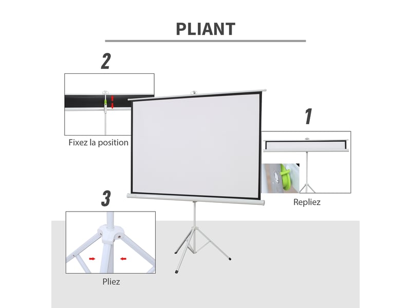  Écran de projection avec trépied pliable 84 pouces 4k hd 4:3, 180l cm, écran vidéoprojecteur, hauteur réglable, angle de vision 160°, pour home cinéma, blanc, films en intérieurextérieur  - Conforama W