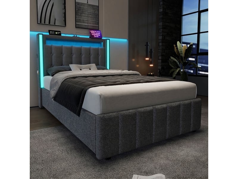 Lit simple 90x200 capitonné gris avec matelas inclus, led, ports usbtype-c et 2 tiroirs de rangement - Conforama C