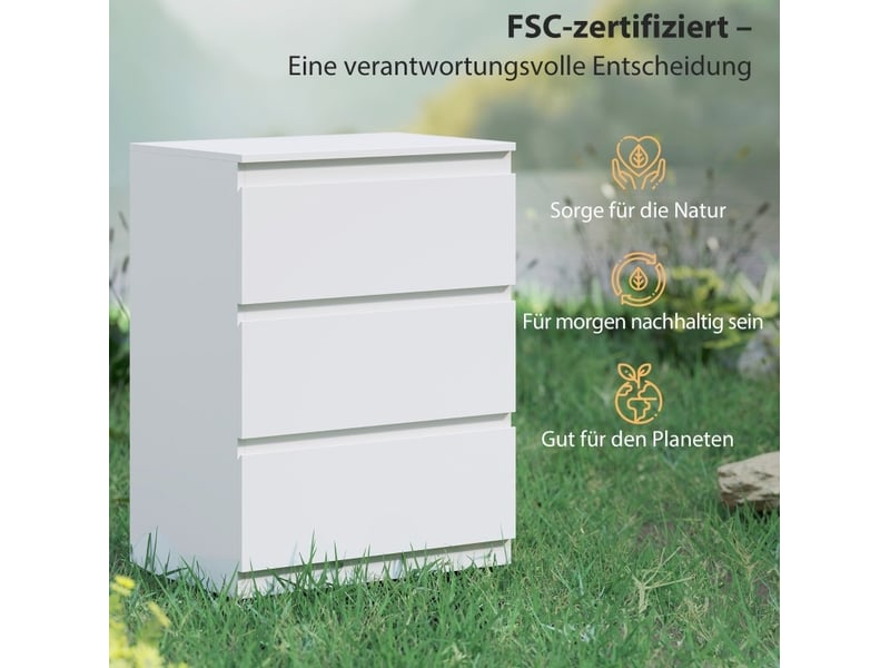 Commode blanche sans poignées avec 3 tiroirs en panneaux de particules fsc, pratique pour chambre, entrée ou salon - Conforama C