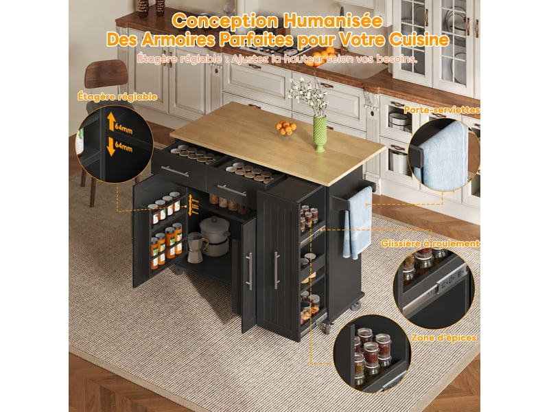  Îlot de cuisine avec plan de travail rabattable, 5 roulettes, 120 cm, noir et bois naturel  - Conforama C